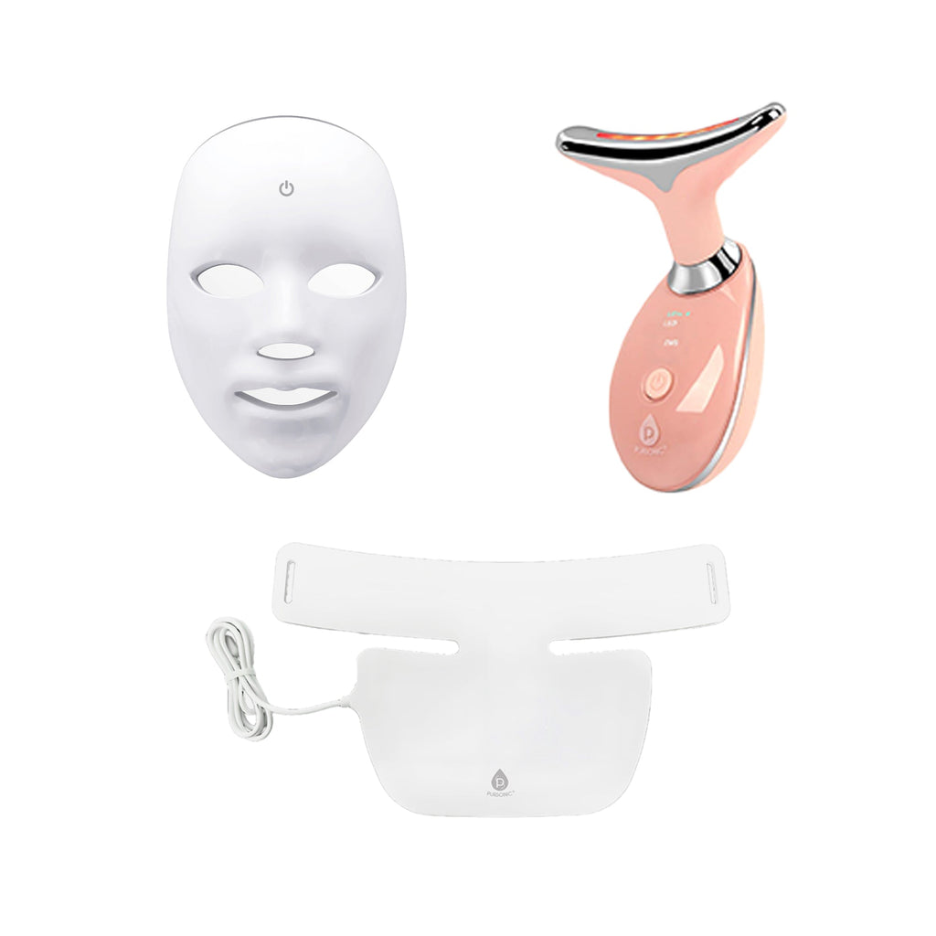 Pursonic Complete LED Skincare Therapy Bundle: Neckplate, 7-in-1 Light Therapy Wand & 7-in-1 Face Mask
