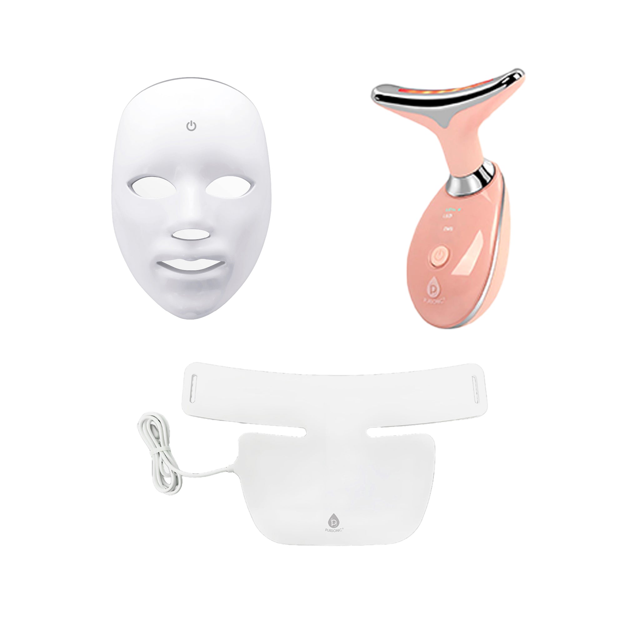 Pursonic Complete LED Skincare Therapy Bundle: Neckplate, 7-in-1 Light Therapy Wand & 7-in-1 Face Mask