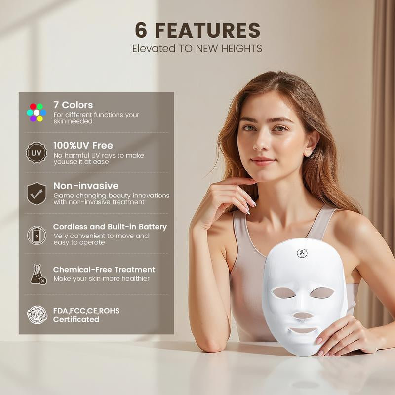 Red Light Therapy Mask, 7-Color LED Photorejuvenation Mask, Daily Care Photorejuvenation, Wireless Charging, Ideal Gift for Women, Autumn and Winter Skin Care Facial Care Gift